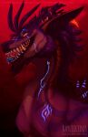 artist_name beard black_lips blue_tongue bust_portrait facial_hair fangs feral glistening glistening_eyes hi_res lips male open_mouth orange_tongue pink_body portrait pupils purple_beard purple_body rayliicious simple_background slit_pupils solo tongue tongue_out yellow_eyes 