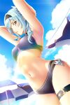  1girl alternate_costume armpits arms_behind_head arms_up asymmetrical_hair bare_arms beach_umbrella bikini black_bikini black_hairband blue_eyes blue_hair blush breasts cloud commentary_request day dutch_angle eula_(genshin_impact) from_below genshin_impact hair_intakes hairband highres jewelry looking_at_viewer medium_breasts multi-strapped_bikini navel outdoors parted_lips pendant short_hair sidelocks solo stomach sunlight swimsuit thigh_strap thighs umbrella yellow_eyes you_haruka 