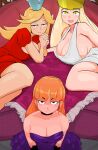  3girls babe_(jump_king) bangs bed bed_sheet blonde_hair blue_eyes blush blush_stickers bracelet breasts cleavage crown dress gold_bracelet highres huge_breasts jewelry jump_king large_breasts looking_at_viewer looking_up lying multiple_girls on_side orange_hair princess purple_dress purple_eyes red_dress setawar white_dress yellow_eyes 