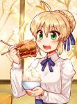  1girl artoria_pendragon_(fate) blonde_hair blue_ribbon blush bowl burger chopsticks fate_(series) food green_eyes hair_bun hair_ribbon holding holding_bowl holding_chopsticks kataro long_sleeves looking_at_food open_mouth ribbon rice rice_bowl saber short_hair smile solo teeth upper_body upper_teeth 