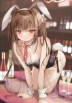  1girl :q all_fours animal_ears bangs bare_shoulders blurry blurry_background blush bottle breasts brown_hair champagne_flute cleavage closed_mouth collar commentary_request cup depth_of_field detached_collar drinking_glass fake_animal_ears fishnet_thighhighs fishnets hair_between_eyes hairband long_hair looking_at_viewer necktie original playboy_bunny pon_(ponidrop) rabbit_ears rabbit_tail red_eyes red_necktie short_necktie small_breasts smile solo tail thighhighs tongue tongue_out twintails very_long_hair white_collar white_hairband white_thighhighs wing_collar wrist_cuffs 