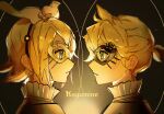  1boy 1girl bangs black_background blonde_hair blue_eyes bow cat_mask character_name closed_mouth english_text expressionless eye_contact eye_mask face-to-face from_side glowing hair_between_eyes hair_bow kagamine_len kagamine_rin looking_at_another mask miku_symphony_(vocaloid) nunosei portrait profile short_hair short_ponytail simple_background symmetry vocaloid yellow_theme 