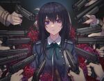  1girl 6+others at_gunpoint bangs black_hair blue_dress closed_mouth collared_shirt copyright_name dress flower green_ribbon grey_dress gun handgun highres holding holding_gun holding_weapon inoue_takina john_wick long_hair looking_at_viewer lycoris_recoil lycoris_uniform multiple_others nairobi_song neck_ribbon parody pleated_dress purple_eyes ribbon school_uniform serious shirt solo_focus spider_lily two-tone_dress upper_body weapon white_shirt 