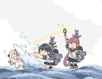  3girls abyssal_ship ahoge akebono_(kancolle) black_hair black_sailor_collar black_skirt commentary_request dress kantai_collection long_hair machinery magnifying_glass multiple_girls northern_ocean_princess pleated_skirt purple_hair saiguchi_otoufu sailor_collar school_uniform serafuku side_ponytail skirt splashing standing ushio_(kancolle) very_long_hair water white_hair 