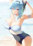  1girl absurdres armlet armpits arms_up bangs beach black_hairband blue_bow blue_hair bow breasts butterfly_hair_ornament cleavage closed_mouth covered_navel cowboy_shot crossed_bangs day dorontabi eula_(genshin_impact) genshin_impact hair_intakes hair_ornament hairband highres medium_hair one_eye_closed outdoors sidelocks skindentation smile solo swimsuit two-tone_swimsuit 