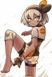  1girl barefoot bea_(pokemon) black_gloves blue_eyes bodystocking closed_mouth dark-skinned_female dark_skin gloves grey_hair hairband kataro looking_at_viewer partially_fingerless_gloves pokemon pokemon_(game) short_hair short_sleeves shorts solo 