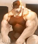  anthro belly big_muscles black_cap black_nose bottomwear breath clothing doooo2424 hi_res huge_biceps huge_muscles huge_pecs male mammal muscular muscular_male nipple_outline panting pants shirt sitting solo tank_top tight_clothing tired tongue tongue_out topwear ursid white_body white_skin 