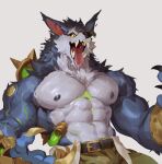  abs anthro belt big_muscles big_pecs black_nipples black_nose bodily_fluids bottomwear canid canine clothing fangs fur green_liquid grey_body grey_fur league_of_legends looking_aside male mammal muscular muscular_male nipples null-ghost pants pecs riot_games saliva saliva_on_tongue saliva_string simple_background solo tongue tongue_out veiny_muscles video_games warwick_(lol) were werecanid werecanine werewolf white_background white_body white_skin 