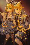  1boy 1girl blonde_hair bow bow_hairband epaulettes gradient gradient_background green_eyes hair_bow hairband highres idol_clothes kagamine_len kagamine_rin looking_at_viewer looking_to_the_side more_more_jump!_(project_sekai) nunosei project_sekai simple_background star_(symbol) vocaloid yellow_theme 
