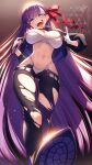  1girl :d bangs bb_(fate) bb_(fate/extra) belt breasts cleavage cluseller fate/extra fate/extra_ccc fate_(series) from_below gloves hair_ribbon long_hair looking_at_viewer navel open_mouth panties pants purple_eyes purple_hair red_ribbon ribbon sharp_teeth smile solo teeth tongue torn_clothes torn_pants underwear very_long_hair white_gloves white_panties 