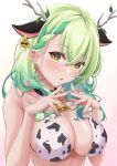  1girl :o absurdres animal_ears animal_print antlers bangs barcode bell bikini black_collar blush branch breasts ceres_fauna cleavage collar cow_ears cow_hair_ornament cow_print cowbell crossed_bangs ear_tag flower green_hair green_nails hair_flower hair_ornament hands_up highres hololive hololive_english kaigan large_breasts leaf long_hair looking_at_viewer mole mole_under_eye neck_bell parted_lips solo swimsuit upper_body virtual_youtuber wavy_hair yellow_eyes 