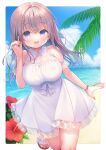  1girl :d bangs bare_shoulders blue_sky breasts brown_footwear brown_hair cloud commentary_request day dress hair_between_eyes hair_ornament hairclip hand_up highres horizon long_hair looking_at_viewer medium_breasts ocean original purple_eyes sandals sky sleeveless sleeveless_dress smile solo standing standing_on_one_leg usashiro_mani water white_dress 