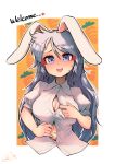  animal_ears blouse breasts buttons carte highres jacket large_breasts light_purple_hair pleated_skirt rabbit_ears rabbit_girl red_eyes reisen_udongein_inaba shirt skirt solo touhou white_background white_shirt 