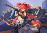  1girl absurdres ahoge animal_ears baggy_pants bear_ears bear_girl breasts car crop_top danshuiyuuuu dual_wielding eyepatch fire flame gloves ground_vehicle hair_between_eyes hair_ornament highres holding koleda_belobog long_hair looking_at_viewer low_twintails messy_hair motor_vehicle navel open_mouth outdoors pants red_eyes red_hair sharp_teeth single_glove small_breasts smile standing teeth tire twintails weapon zenless_zone_zero 