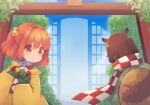  2girls animal_ears apron bell brown_hair checkered_clothes checkered_kimono futatsuiwa_mamizou green_kimono hair_bell hair_ornament holding japanese_clothes kimono long_sleeves medium_hair motoori_kosuzu multiple_girls orange_eyes orange_hair raccoon_ears raccoon_tail sen1986 tail touhou twintails two_side_up white_kimono wide_sleeves 