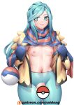  1boy aqua_hair aqua_leggings armpit_crease armpits blue_eyes blue_gloves blue_hair censored closed_mouth crotchless gloves grusha_(pokemon) highres jacket leggings long_hair male_focus naidong_(artist) navel nipples otoko_no_ko pectorals penis pokemon pokemon_(game) pokemon_sv scarf simple_background solo white_background 