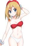  1girl :o absurdres arm_behind_back arm_up bikini blonde_hair blue_eyes bracelet breasts cowboy_shot hairband highres irida_(pokemon) jewelry medium_breasts mismatched_bikini navel neck_ring parted_lips pokemon pokemon_(game) pokemon_legends:_arceus red_hairband short_hair simple_background solo stomach swimsuit v-shaped_eyebrows wet white_background yuihico 