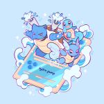  +_+ :d artist_name blastoise blue_background blush card commentary evolutionary_line highres leaphere no_humans open_mouth pokemon pokemon_(creature) smile sparkle squirtle star_(symbol) tongue wartortle water watermark 