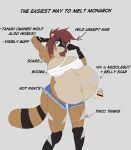  absurd_res anthro bandage belly big_belly big_breasts big_butt bottomwear breasts butt canid canine clothing digital_drawing_(artwork) digital_media_(artwork) duo female female_pred hi_res hotpants male male/female mammal meme monarchyvore musclegut muscular muscular_female raccoon_dog scars_all_over shorts tagme tanuki vore wild_hair 