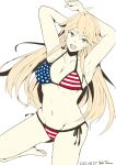  1girl ahoge american_flag_bikini arms_behind_head bikini blonde_hair blue_eyes breasts cleavage dated flag_print highres iowa_(kancolle) kantai_collection large_breasts one-hour_drawing_challenge solo star-shaped_pupils star_(symbol) swimsuit symbol-shaped_pupils taira_yuuki twitter_username 