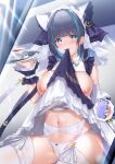  1girl aqua_eyes aqua_hair aqua_nails azur_lane black_hair blush breasts cellphone cheshire_(azur_lane) clothes_lift cup dress dress_lift frills garter_belt haruna_reine highres holding holding_phone large_breasts lifted_by_self maid maid_headdress medium_hair mouth_hold multicolored_hair navel nipples one_breast_out panties phone saucer sitting smartphone smile solo stomach streaked_hair teacup thighhighs tongue tongue_out underwear white_panties white_thighhighs wrist_cuffs 