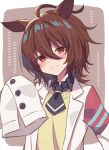  1girl agnes_tachyon_(umamusume) ahoge animal_ears bangs black_shirt brown_background brown_hair closed_mouth collared_shirt hair_between_eyes hand_up head_tilt horse_ears labcoat long_sleeves looking_at_viewer mauve open_clothes red_eyes shirt sleeves_past_fingers sleeves_past_wrists smile solo sweater_vest two-tone_background umamusume upper_body white_background 