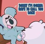  2022 angry anthro anukkyt balls black_nose cartoon_network cellphone duo genitals hi_res ice_bear koala male mammal marsupial nom_nom_(wbb) oral penis phone polar_bear sex sitting size_difference smartphone ursid ursine vombatiform we_bare_bears white_body 