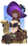  1girl :d absurdres bag borrowed_character braid breasts brown_hair choker elbow_gloves english_commentary fantasy glasses gloves green_eyes hat highres large_breasts long_hair looking_at_viewer navel original potion revealing_clothes round_eyewear scroll sitting smile solo teeth tostantan upper_teeth witch witch_hat 