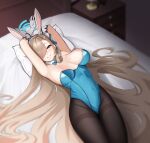  1girl absurdres animal_ears armpits asuna_(blue_archive) bangs bare_shoulders blue_archive blush bow bowtie breasts cleavage detached_collar fake_animal_ears highres large_breasts leotard long_hair looking_at_viewer lying mole mole_on_breast on_back on_bed p03145 pantyhose playboy_bunny rabbit_ears rabbit_tail smile solo strapless strapless_leotard tail wrist_cuffs 