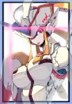  1girl absurdres breasts colored_skin darling_in_the_franxx highres horns humanoid_robot large_breasts mecha_musume no_nipples red_eyes robot single_horn solo strelizia white_skin 