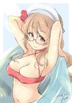  1girl armpits bespectacled bikini breasts brown_eyes brown_hair cleavage commentary_request criss-cross_halter dated flower fyuo glasses hair_flower hair_ornament halterneck headdress highres kantai_collection large_breasts littorio_(kancolle) long_hair looking_at_viewer navel one-hour_drawing_challenge ponytail red_bikini solo swimsuit upper_body wavy_hair 