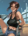  1girl absurdres bangs bare_shoulders belt belt_buckle black_lagoon blue_shorts blue_sky breasts brown_hair buckle commentary_request crate crop_top day grin gun highres holding holding_gun holding_weapon holster knee_up large_breasts long_hair low_ponytail navel outdoors parted_bangs parted_lips railing red_eyes revy_(black_lagoon) short_shorts shorts sitting sky smile solo tank_top tattoo weapon yuki_daruma92 