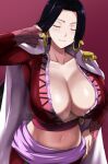  1girl arm_up black_hair boa_hancock breasts cafekun cape cleavage closed_eyes closed_mouth commentary_request crop_top earrings english_commentary epaulettes forehead hand_in_own_hair hand_on_hip jewelry large_breasts light_smile long_hair long_sleeves mixed-language_commentary navel one_piece partial_commentary red_background red_shirt shirt snake_earrings solo stomach straight_hair very_long_hair white_cape 