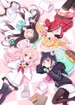  4girls :d ^_^ ahoge airi_(blue_archive) biohazard_symbol black_hair black_jacket black_pantyhose black_sailor_collar black_skirt black_thighhighs blonde_hair blue_archive blush bowl brown_eyes cardigan checkered_floor closed_eyes closed_mouth commentary_request cupcake doughnut feet_out_of_frame food food_on_face halo hand_up harada_(sansei_rain) highres holding holding_bowl holding_food holding_spoon hood hood_down hooded_jacket ice_cream jacket kazusa_(blue_archive) long_hair long_sleeves lying macaron multicolored_hair multiple_girls natsu_(blue_archive) on_back on_side pantyhose pastry_box pink_hair pink_skirt plaid plaid_skirt puffy_long_sleeves puffy_sleeves red_eyes red_jacket sailor_collar school_uniform serafuku shirt side_ponytail skirt sleeves_past_wrists smile spoon thighhighs track_jacket triple_scoop twintails two-tone_hair very_long_hair white_cardigan white_serafuku white_shirt white_skirt white_thighhighs yoshimi_(blue_archive) 