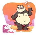  2022 4_fingers absurd_res anthro balls bayou_beaver beach belly big_belly black_body black_nose blush detailed_background dreamworks fingers genitals giant_panda hi_res humanoid_hands kung_fu_panda male mammal master_po_ping moobs navel outside overweight overweight_male penis seaside solo ursid water white_body 