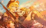  1boy black_gloves blonde_hair blue_eyes blue_sky cloud dog gloves gun hair_between_eyes hand_on_animal hat holding holding_gun holding_weapon hunting_rifle kagamine_len knees_up looking_at_animal necktie nunosei open_mouth orange_theme outdoors rifle short_ponytail sitting sky solo teeth upper_teeth vocaloid weapon yellow_necktie 