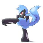  3_fingers 3_toes action_pose ambiguous_gender black_body blue_body blue_fur chaba feet feral fingers fur generation_4_pokemon hi_res kick looking_at_viewer motion_lines mouth_obstructed multicolored_body nintendo one_eye_obstructed pokemon pokemon_(species) pose red_eyes riolu simple_background solo toes touching_tail two_tone_body video_games white_background 
