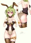  1girl absurdres adjusting_clothes ahoge animal_ears aoikito_lavender086 ass ass_visible_through_thighs asymmetrical_legwear back bare_hips bare_shoulders blush breast_suppress breasts brown_thighhighs cleavage closed_mouth collarbone collei_(genshin_impact) detached_collar fake_animal_ears fake_tail genshin_impact green_hair hair_between_eyes hair_over_shoulder highleg highleg_leotard highres large_breasts leotard long_hair looking_at_viewer multiple_views playboy_bunny projected_inset purple_eyes rabbit_ears rabbit_tail signature simple_background tail thigh_gap thighhighs thighlet 