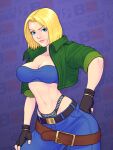  belt blonde_hair blue_eyes blue_mary breasts crop_top cropped_jacket denim fingerless_gloves gloves green_jacket hand_on_hip highres jacket jeans josef_axner large_breasts lips lipstick makeup midriff navel pants short_hair smile strapless tube_top 