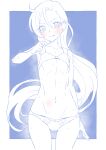  1girl asymmetrical_bangs bangs blue_theme blush bow bow_panties breasts commentary cowboy_shot crotch_seam groin highres long_hair looking_at_viewer miyagoe_yoshitsuki monochrome navel panties precure small_breasts solo spot_color standing sweat takizawa_asuka tropical-rouge!_precure underwear underwear_only very_long_hair 