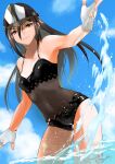  1girl black_hair black_one-piece_swimsuit cloud commentary_request covered_navel dated day fingerless_gloves gloves hair_between_eyes hat highres long_hair looking_at_viewer morag_ladair_(xenoblade) nayuta-kanata partially_submerged signature sky smile solo splashing swimsuit water white_gloves xenoblade_chronicles_(series) xenoblade_chronicles_2 