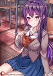  1girl absurdres bangs blazer blue_skirt blush breasts chair desk doki_doki_literature_club hair_between_eyes hair_intakes hair_ornament hairclip hand_on_own_chest highres jacket large_breasts long_hair nekobox on_floor patreon_logo patreon_username purple_eyes purple_hair school_chair school_desk school_uniform signature skirt tongue tongue_out web_address yuri_(doki_doki_literature_club) 