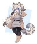  1girl animal_ears arknights arm_behind_head arm_up artist_name belt black_pantyhose blue-tinted_eyewear boots breasts brown_coat brown_footwear bubble_tea coat cup drinking drinking_straw full_body grey_hair grey_sweater high_heel_boots high_heels highres holding holding_cup large_breasts leopard_ears leopard_girl leopard_tail long_hair long_sleeves pantyhose pramanix_(arknights) ribbed_sweater round_eyewear sharktuna solo sunglasses sweater tail tinted_eyewear white-framed_eyewear 