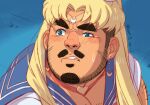  1boy bangs bara beard blonde_hair blue_eyes blue_sailor_collar blush chest_hair chinese_text choker circlet clenched_teeth crescent crescent_earrings crossdressing earrings facial_hair gangdong goatee hair_ornament heart heart_choker jewelry long_hair looking_to_the_side male_focus manly mature_male meme muscular muscular_male mustache original parody parted_bangs pectoral_cleavage pectorals red_choker sailor_collar sailor_moon sailor_moon_redraw_challenge_(meme) sailor_senshi_uniform school_uniform serafuku solo sweatdrop teeth thick_eyebrows translation_request twintails upper_body wig 