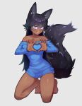  absurd_res animal_ears animal_humanoid benzbt black_body black_fur black_hair black_tail blue_clothing bottomless canid canid_humanoid canine canine_humanoid clothed clothing dark_body dark_skin female fluffy fluffy_tail fox_humanoid fur gesture hair hand_heart hi_res highlights_(coloring) holo_(argorrath) humanoid kneeling long_hair long_sleeves looking_at_viewer mammal mammal_humanoid pose smile solo topwear 