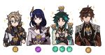  1girl 3boys albedo_(genshin_impact) aqua_hair arm_tattoo bangs bead_necklace beads black_gloves breasts brown_hair cleavage closed_eyes coat commentary_request crown earrings genshin_impact gloves gradient_hair grey_hair hair_ornament holding holding_crown japanese_clothes jewelry long_sleeves mole mole_under_eye multicolored_hair multiple_boys necklace parted_lips purple_eyes purple_hair raiden_shogun simple_background single_earring sparkle tassel tattoo upper_body white_background xiao_(genshin_impact) yoshio_(kimama) zhongli_(genshin_impact) 