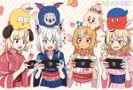  4girls animal_ears bandana blonde_hair blush_stickers braid chocolate cream doughnut food food-themed_background fox_ears fruit highres hololive horns japanese_clothes kaigaraori kimono kirby kirby&#039;s_dream_buffet kirby_(series) long_hair meta_knight multiple_girls nintendo_switch obi omaru_polka on_head playing_games pointy_ears ponytail sash sheep_horns shirakami_fubuki shiranui_flare smile strawberry tsunomaki_watame virtual_youtuber white_hair wide-eyed wide_sleeves yukata 