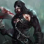  1boy axe beard black_gloves black_hood blood blood_on_mask blood_on_weapon blurry blurry_background chain facial_hair facing_viewer gloves holding holding_axe meisai muscular original outdoors pectorals plague_doctor_mask rain scar scar_on_arm solo standing weapon 