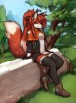  2022 anthro breasts canid canine clothed clothing day detailed_background digital_media_(artwork) dragonfu eyebrows eyelashes female fox fur grass hair hi_res mammal outside plant red_body red_fur sitting sky smile solo tree white_body white_fur 