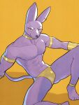  2022 anthro beerus bulge clothing domestic_cat dragon_ball dragon_ball_super ear_piercing ear_ring felid feline felis hairless hairless_cat hi_res jrjresq looking_at_viewer male mammal muscular muscular_anthro muscular_male piercing purple_body ring_piercing simple_background smile smiling_at_viewer solo speedo sphynx_(cat) swimwear 